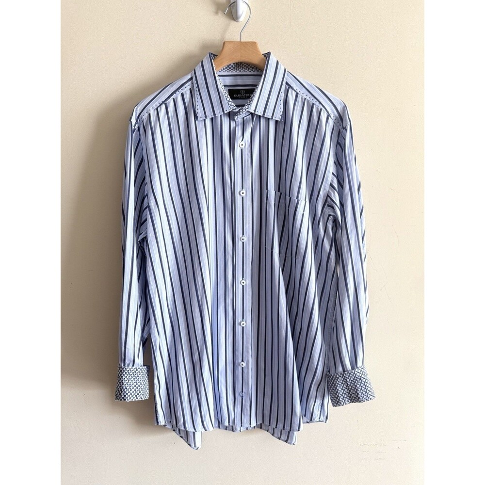 Bugatchi Uomo Men's Blue‎ Lined Long Sleeve Button Up Flip Patterned Cuff Sz XL